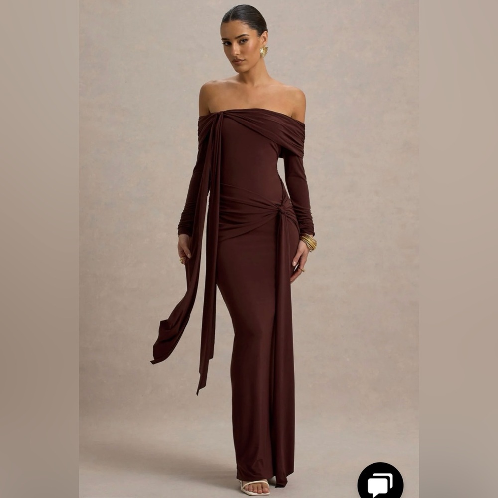 Club L London Brown Bardot Wrap Maxi Dress With Sash Detail
